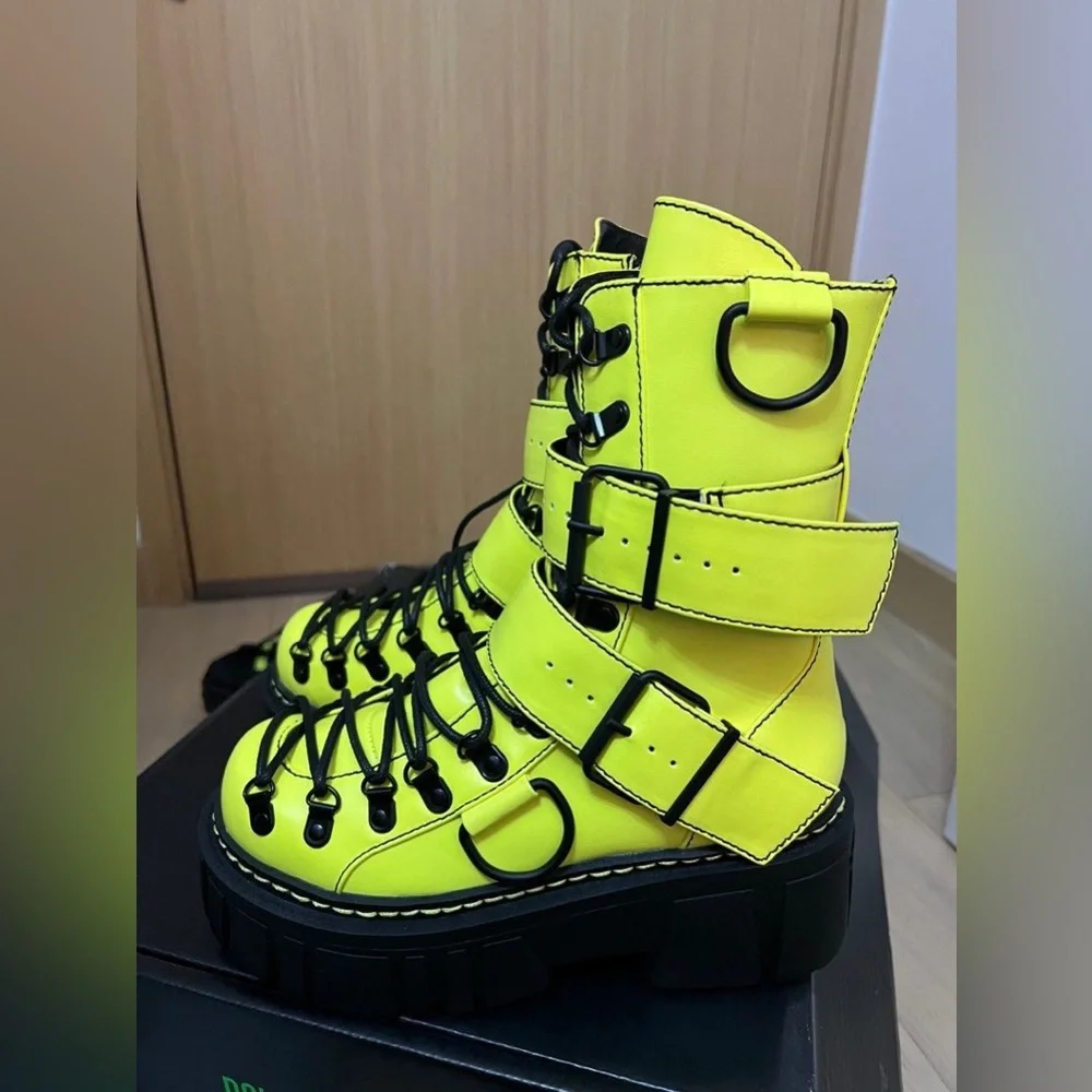 Club Exx Neon Yellow/Green Low Traitor Combat Boots D-Ring Lace Up – NIB - Picture 5 of 9
